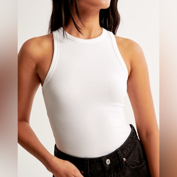NWT A&F White Essential Tuckable High-Neck Rib Tank Top 95% Cotton - Picture 1 of 7